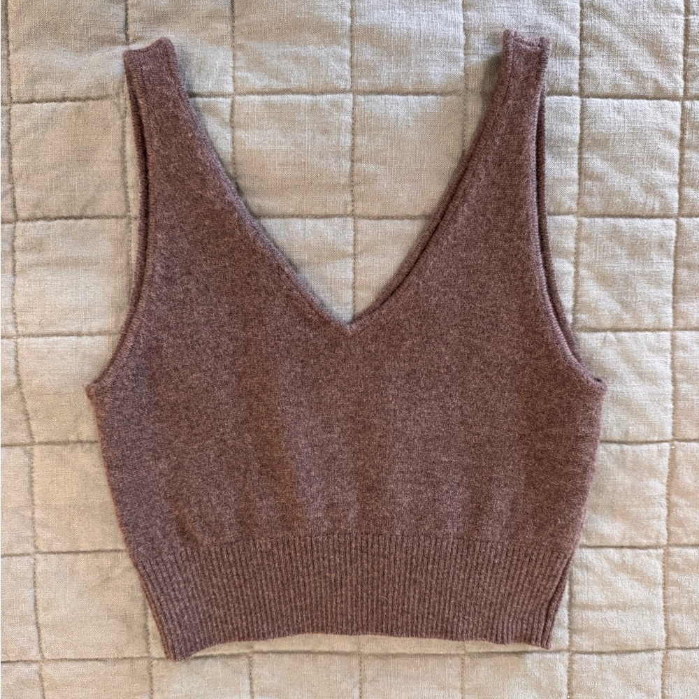 Quince Cashmere V-Neck Cropped Knit Tank Top - Brown Heather - Small - Picture 2 of 9